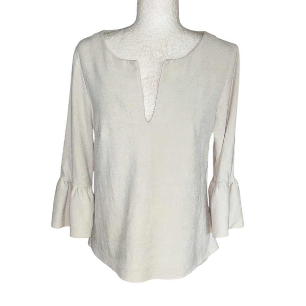 Gretchen Scott Light Gray Faux Ultra Suede Ruffle 3/4 Sleeve Top - S